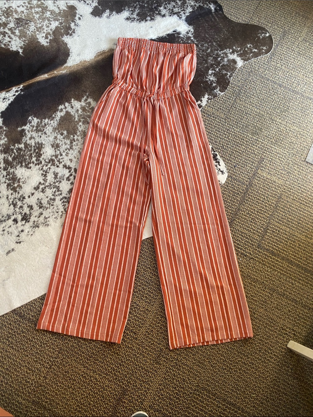 No Boundaries Rust & White Striped Strapless Wide-Leg Jumpsuit